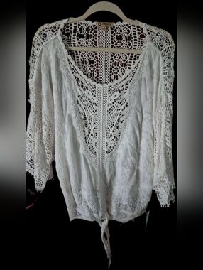 Democracy White Crocheted Tie-Front Blouse